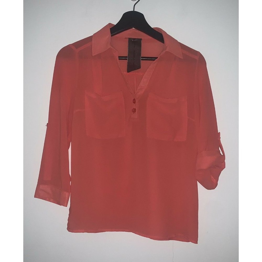 Moon Collection Womens Sheer Blouse S Orange Coral 3/4 Tab Sleeve Button Front